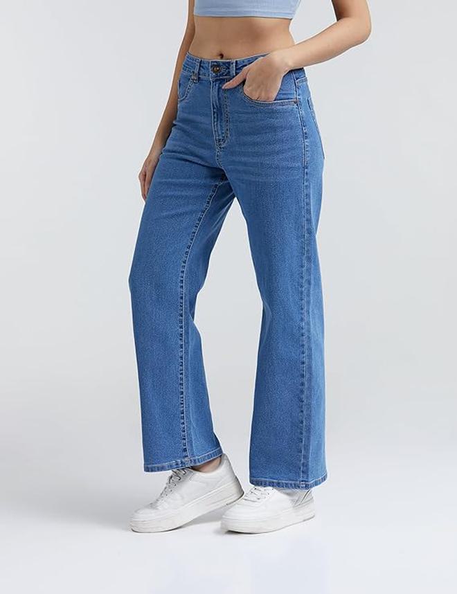 inkd جينز واسع الساق للنساء - ارتفاع عال | قابل للتمدد | غسل الإنزيم | تصميم كلاسيك 5 بوكيتيب | جينز للنساء - Image 1